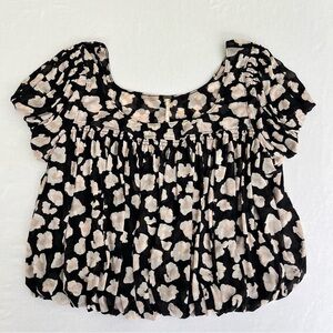 Free People Women's Top Meg's Black Leopard Print Mesh Crop Puff Blouse Size S